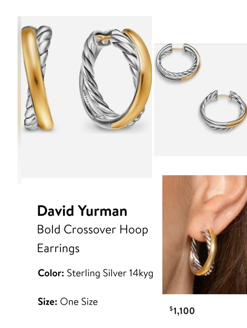 David Yurman Bold Crossover Hoop Earrings Sterling Silver 14K Gold. #39